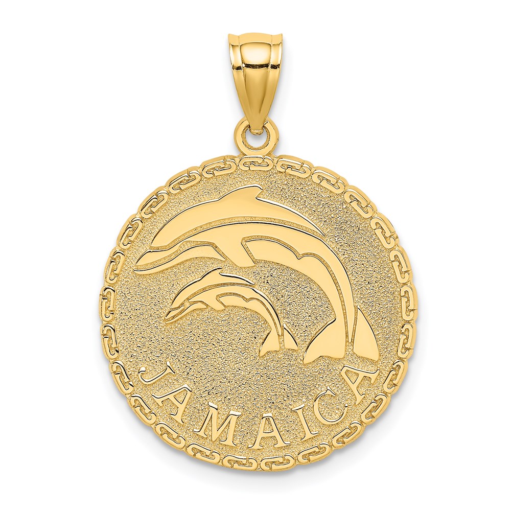14k Yellow Gold Travel Jamaica And Dolphins Disk Necklace Charm Pendant